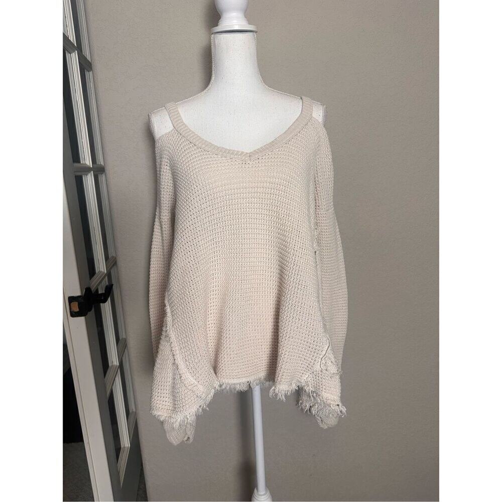 Free People Oversized Cold Shoulder Distressed Cream Knit Sweater Small